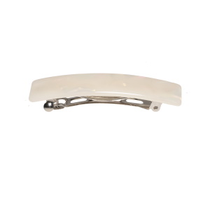 Barrette pour cheveux en métal argenté et en matière synthétique de couleur blanche nacrée.