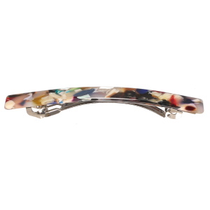 Barrette pour cheveux en métal argenté et en matière synthétique multicolore tachetée.