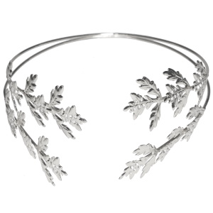 Serre-tête pour cheveux en forme de couronne de branche de laurier en métal argenté pavé de strass.