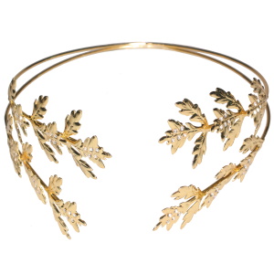 Serre-tête pour cheveux en forme de couronne de branche de laurier en métal doré pavé de strass.