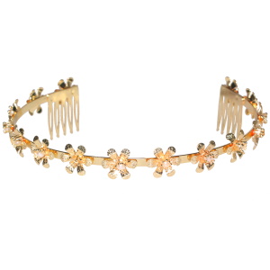 Serre-tête pour cheveux surmonté de fleurs en métal doré avec perles d'imitation.