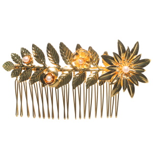 Peigne cheveux en forme de branche avec fleurs en métal doré et perles synthétiques.