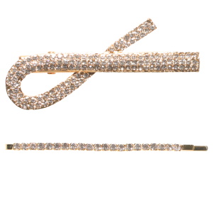 Lot de 2 articles cheveux composé d'une pince en métal doré pavée de strass et d'une épingle en métal doré pavée de strass.