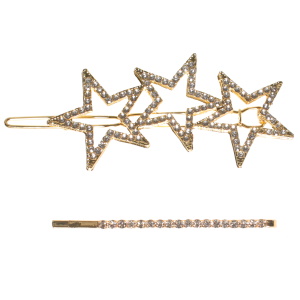 Lot de 2 articles cheveux composé d'une pince en forme d'étoiles en métal doré pavée de strass et d'une épingle en métal doré pavée de strass.