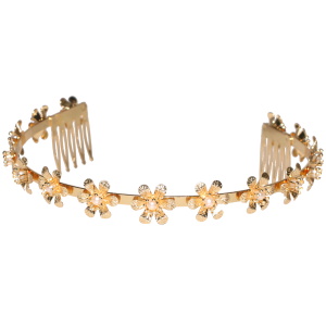 Serre tête avec des fleurs en métal doré surmontées de perles d'imitation.