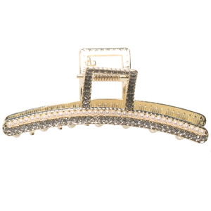 Pince crabe pour cheveux en métal doré sertie de strass et de perles d'imitation.