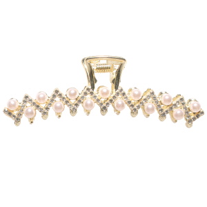 Pince crabe pour cheveux en métal doré pavée de strass et de perles d'imitation.