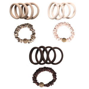 Lot de 5 élastiques pour cheveux en lycra et satin de couleur avec un boule sertie de strass.