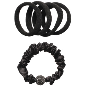 Lot de 5 élastiques pour cheveux en lycra et satin de couleur avec un boule sertie de strass.