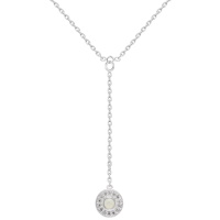 Collier en forme de Y composé d'une chaîne en argent 925/000 rhodié et d'un pendentif rond pavé d'oxydes de zirconium blancs serti d'une nacre. Fermoir anneau ressort avec 4 cm de rallonge.