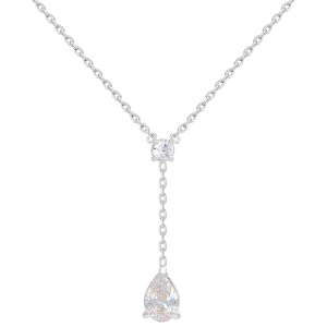 Collier composé d'une chaîne en argent 925 rhodié, d'un oxyde de zirconium blanc serti 4 griffes et d'un pendentif serti d'un oxyde de zirconium blanc en forme de goutte. Fermoir anneau ressort avec 3.5 cm de rallonge.