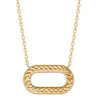 Collier composé d'une chaîne et d'un pendentif cercle ovale avec le motif de laurier en plaqué or jaune 18 carats. Fermoir mousqueton avec anneaux de rappel à 40, 42 et 45 cm.