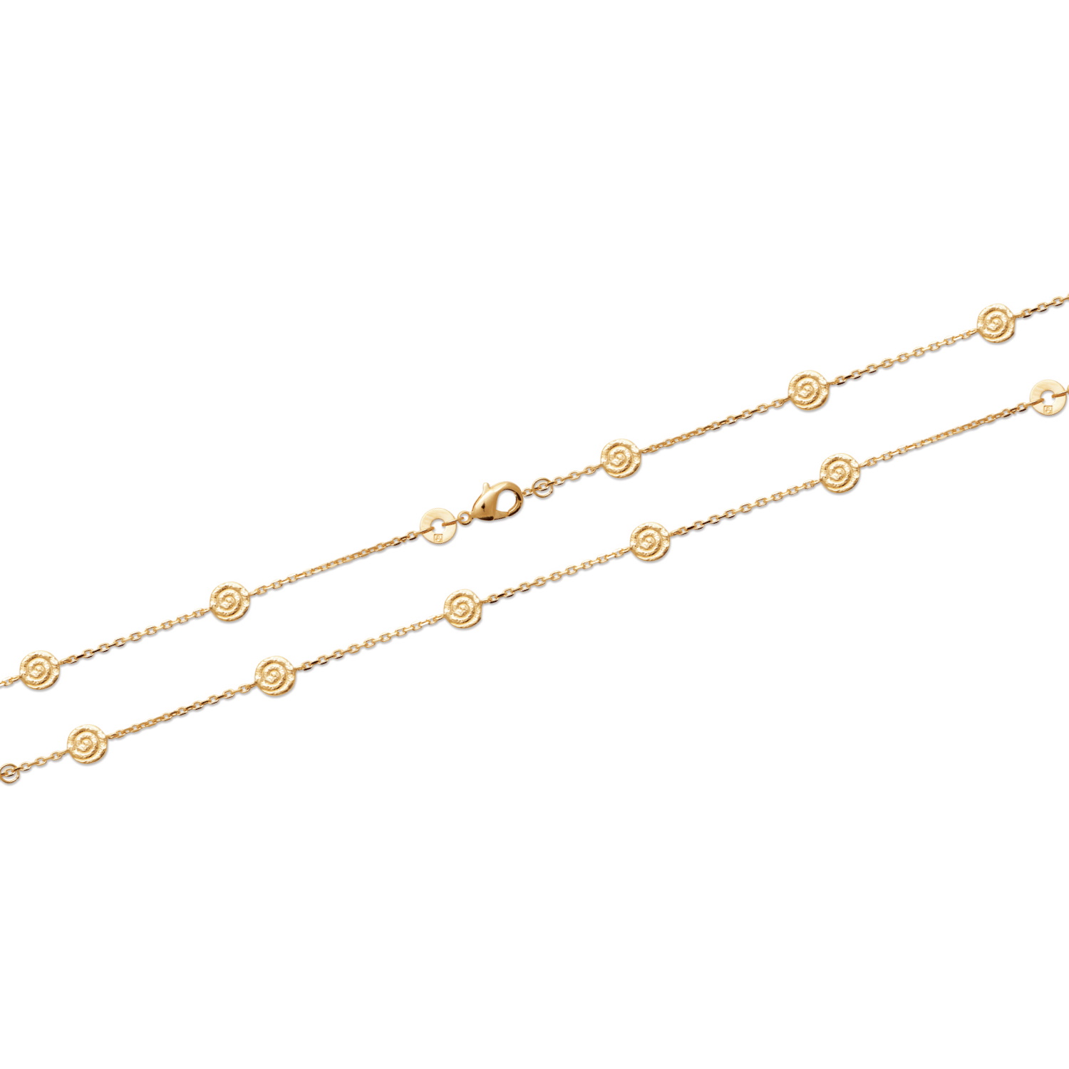 Bracelet composé d'une chaîne et de 5 pastilles rondes au motif de spirale en plaqué or jaune 18 carats.<br/>Fermoir mousqueton avec anneaux de rappel à 16 et 18 cm. Rond  Adolescent Adulte Femme Fille Indémodable 