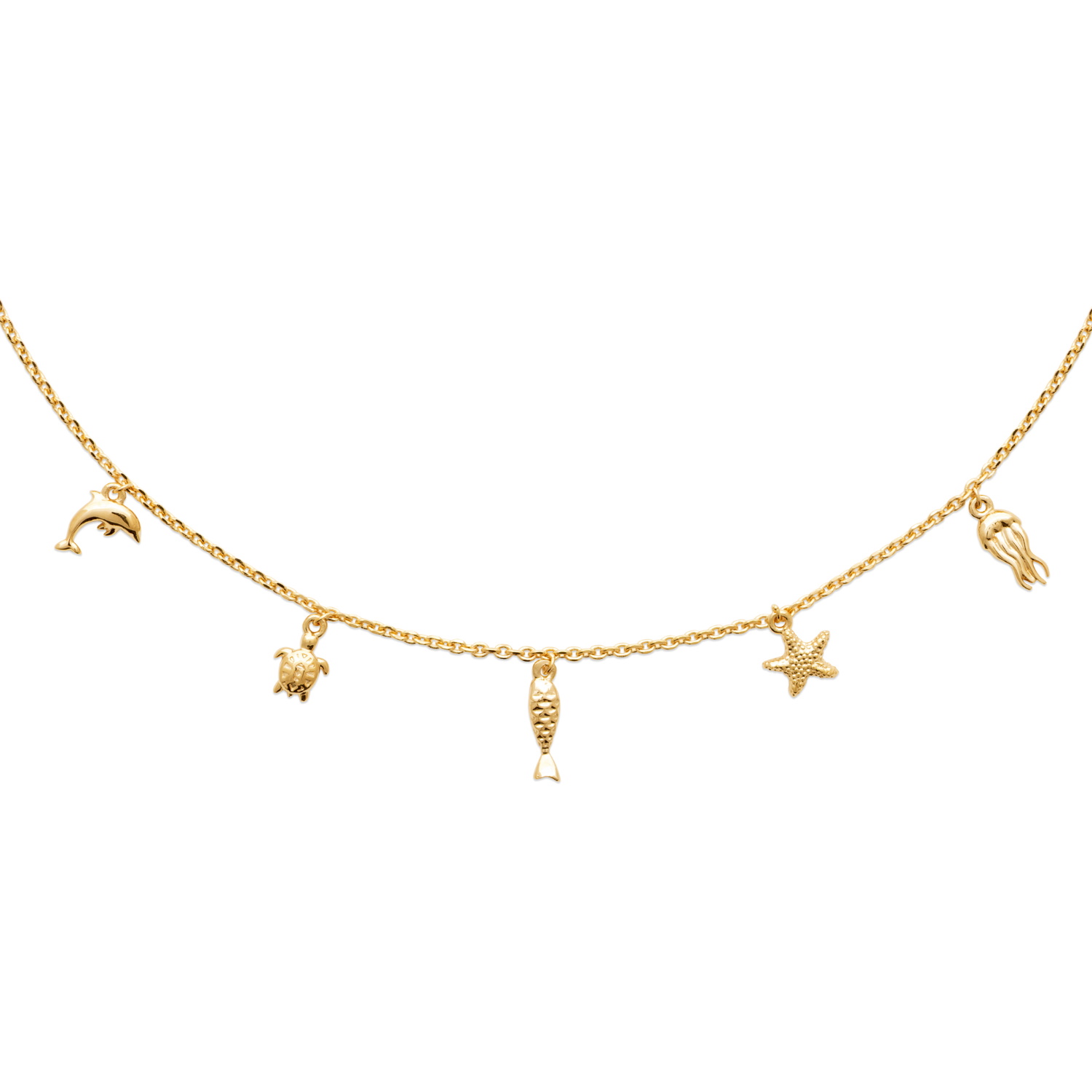 Collier avec pampilles étoile de mer, dauphin, poisson et pieuvre en plaqué or jaune 18 carats. Dauphin Poisson Adolescent Adulte Animaux Femme Fille Indémodable Nature Collier avec pampilles étoile de mer, dauphin, poisson et pieuvre en plaqué or jaune 18 carats. Dauphin Poisson Adolescent Adulte Animaux Femme Fille Indémodable Nature