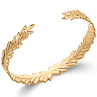 Bracelet jonc rigide ouvert sous la forme de branche de feuilles en plaqué or jaune 18 carats pavé sur certaines feuilles d'oxydes de zirconium blancs.