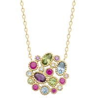 Collier composé d'une chaîne en plaqué or jaune 18 carats et d'un pendentif au motif de fleur en plaqué or jaune 18 carats pavé de plusieurs pierres synthétiques multicolores serties clos de forme ronde et ovale. Fermoir mousqueton avec anneaux de rappel à 40, 42 et 45 cm.