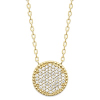 Collier composé d'une chaîne en plaqué or jaune 18 carats et d'un pendentif rond pavé d'oxydes de zirconium blancs. Fermoir mousqueton avec anneaux de rappel à 40, 42 et 45 cm.