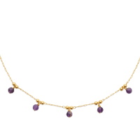Collier composé d'une chaîne en plaqué or jaune 18 carats et de 5 perles pendantes en véritable pierre d'améthyste. Fermoir mousqueton avec 5 cm de rallonge.