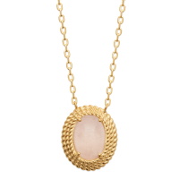 Collier composé d'une chaîne en plaqué or jaune 18 carats et un pendentif ovale surmonté d'une véritable pierre de quartz rose sertie 4 griffe. Fermoir mousqueton avec anneaux de rappel à 40, 42 et 45 cm.