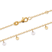 Bracelet composé d'une chaîne avec pampilles rondes lisses en plaqué or jaune 18 carats et des pampilles en oxyde de zirconium blanc. Fermoir mousqueton avec anneaux de rappel à 16 et 18 cm.