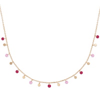 Collier composé d'une chaîne avec pampilles rondes lisses en plaqué or jaune 18 carats et des pampilles en pierre synthétique de couleur rose. Fermoir mousqueton avec 5 cm de rallonge.