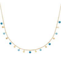 Collier composé d'une chaîne avec pampilles rondes lisses en plaqué or jaune 18 carats et des pampilles en pierre synthétique de couleur bleue. Fermoir mousqueton avec 5 cm de rallonge.