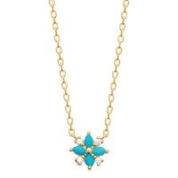 Collier composé d'une chaîne en plaqué or jaune 18 carats et un pendentif en forme de fleur composée de pierres synthétiques de couleur bleue et oxydes de zirconium blancs. Fermoir mousqueton avec anneaux de rappel à 40, 42 et 45 cm.