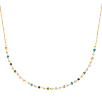 Collier composé d'une chaîne avec boules en plaqué or jaune 18 carats et des cristaux multicolores de forme cubique. Fermoir mousqueton avec 5 cm de rallonge.