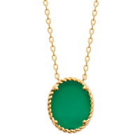 Collier composé d'une chaîne en plaqué or jaune 18 carats et d'un pendentif ovale serti 4 griffes d'une véritable pierre de couleur verte. Fermoir mousqueton avec anneaux de rappel à 40, 42 et 45 cm.