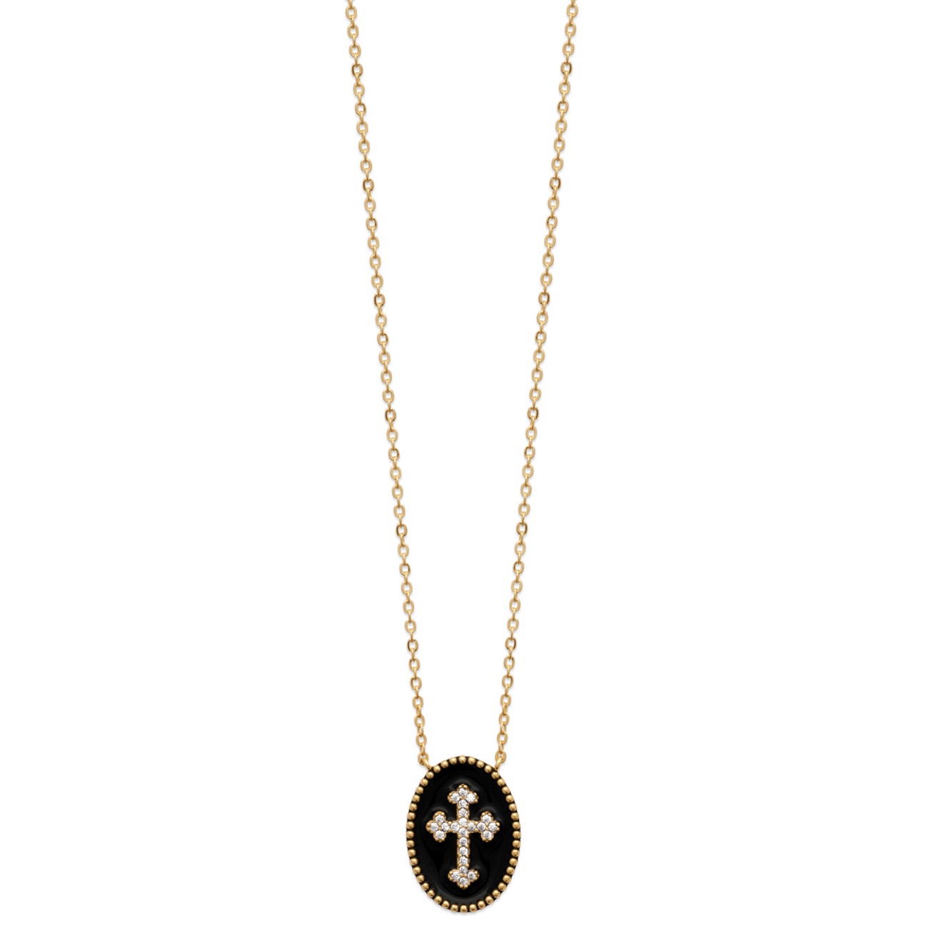 Collier avec pendentif motif croix en plaqué or, émail et oxydes de zirconium. Croix Ovale Strass  Adolescent Adulte Femme Fille Indémodable Religion Symboles 