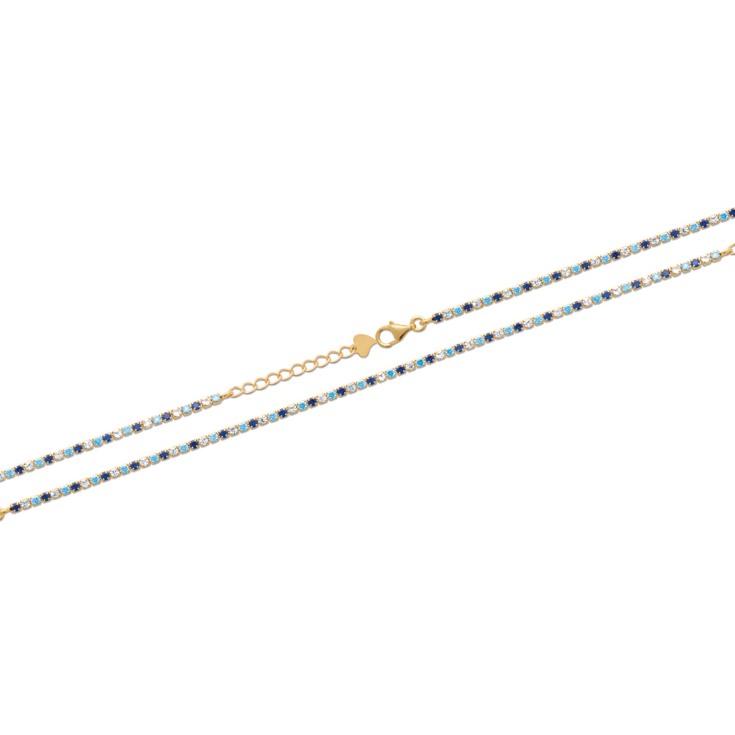 Bracelet en plaqué or jaune 18 carats pavé de pierres synthétiques de couleur bleue et transparente.<br/>Fermoir mousqueton avec rallonge de 3 cm. Strass  Adolescent Adulte Femme Fille Indémodable 