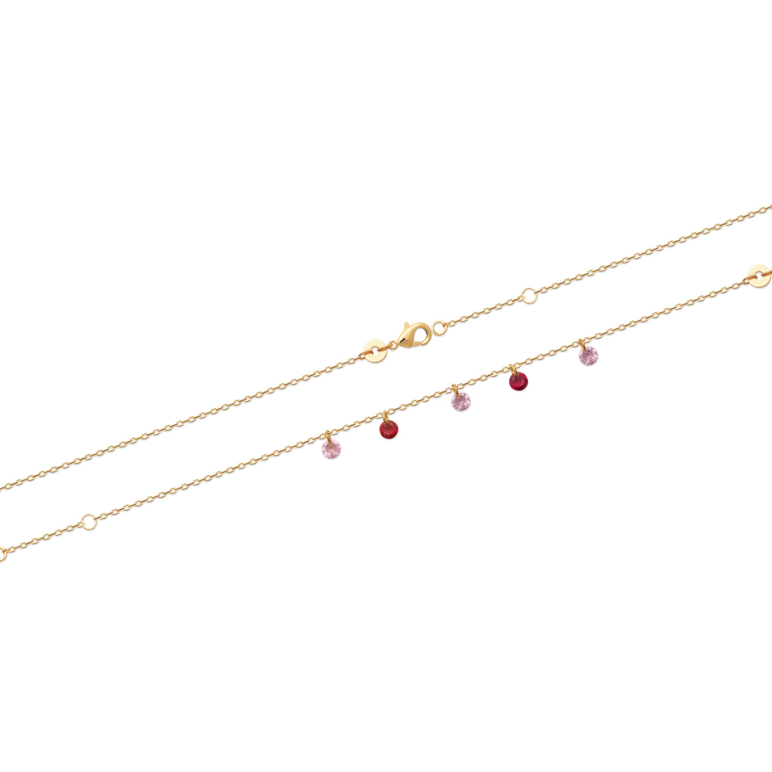 Bracelet composé d'une chaîne en plaqué or jaune 18 carats et 4 pampilles en pierres synthétiques de couleur rose.<br/>Fermoir mousqueton avec anneaux de rappel à 15 et 17.5 cm. Rond  Adolescent Adulte Femme Fille Indémodable 