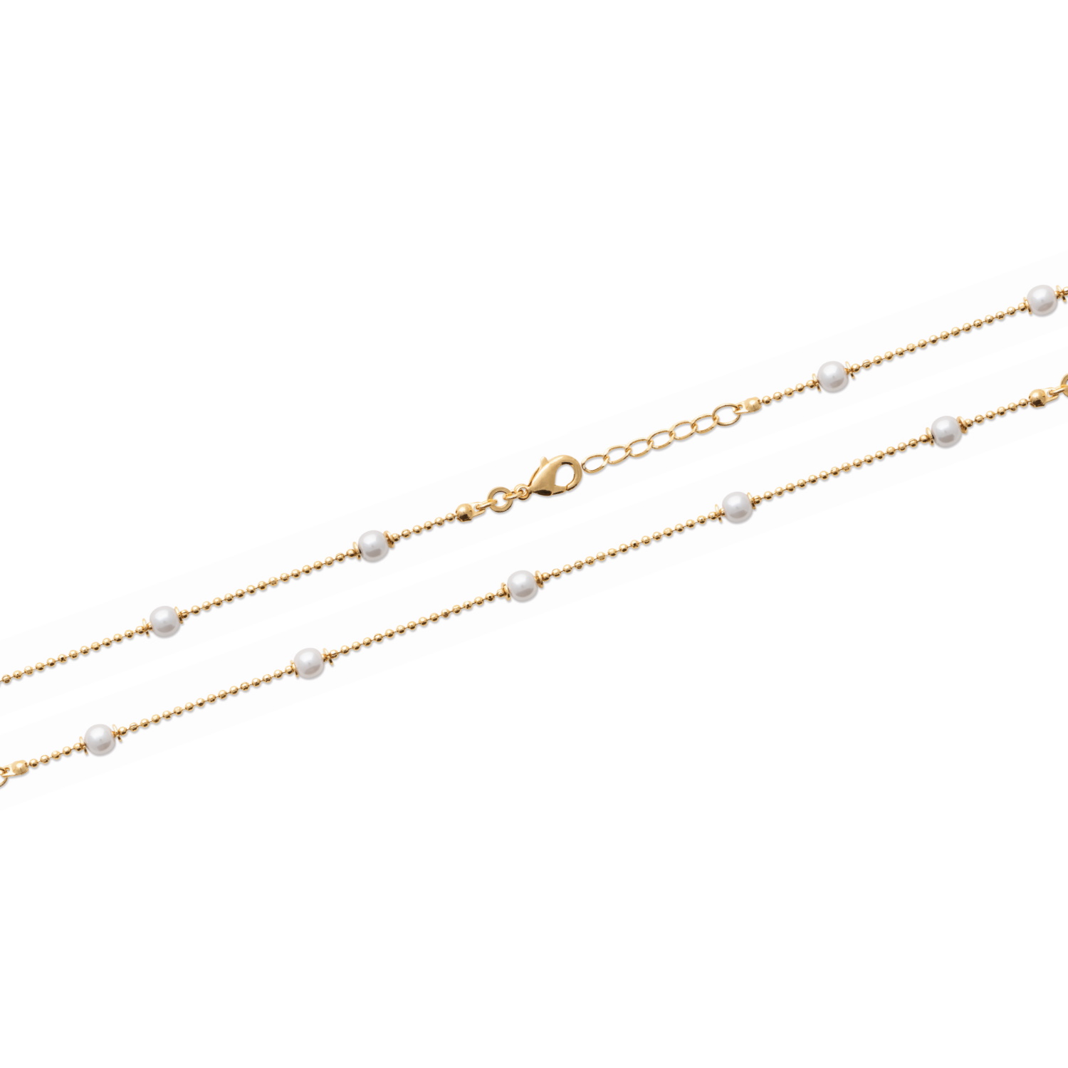 Bracelet composé d'une chaîne en plaqué or jaune 18 carats et de perles d'imitation.<br/>Fermoir mousqueton avec 2 cm de rallonge. Perle Rond  Adolescent Adulte Femme Fille Indémodable 
