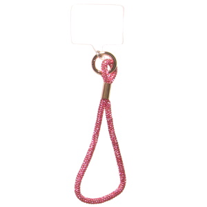 Cordon pour téléphone en strass et attaches en métal doré.