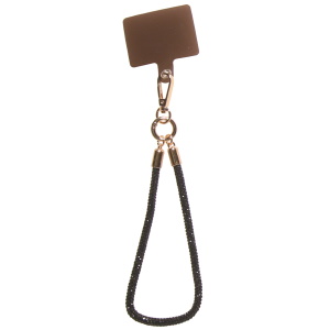 Cordon pour téléphone en strass et attaches en métal doré.