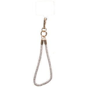 Cordon pour téléphone en strass et attaches en métal doré.
