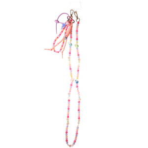 Cordon pour téléphone composé de perles multicolores, de dauphins multicolores, de coquillages blancs nacrés, d'un grelot, de cordons en textile de couleur et d'un dauphin.