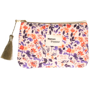 Sac pochette avec des motifs de fleurs et le message Maman d'amour.