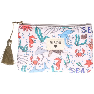 Sac pochette avec des motifs d'animaux marins et le message Bisou et le dessin d'un coeur.