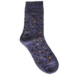 Paire de chaussettes montantes scintillantes avec l'inscription Emmerdeuse et motif léopard.