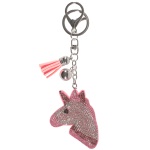 Porte-clés fantaisie licorne en méta argenté, suédine et cristaux synthétiques.