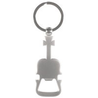 Porte-clés décapsuleur en forme de guitare en métal argenté.