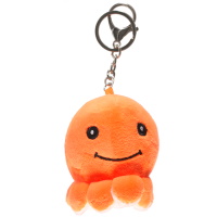 Porte clés avec une pieuvre en peluche en textile de couleur orange fluo.