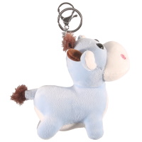 Porte-clés avec une vache en textile de couleur bleue.