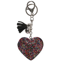 Porte-clés fantaisie en forme de cœur en suédine et strass multicolore.