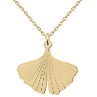 Collier composé d'une chaîne et d'un pendentif de feuille de ginkgo en plaqué or jaune 18 carats. Fermoir anneau ressort avec 4 cm de rallonge.