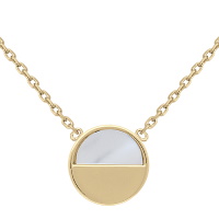 Collier composé d'une chaîne en plaqué or jaune 18 carats et d'un pendentif rond pavé d'un demi rond de nacre. Fermoir anneau ressort avec 4 cm de rallonge.