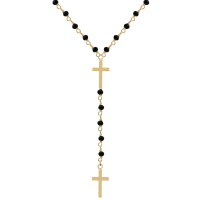 Collier chapelet composé d'une chaîne en plaqué or jaune 18 carats avec perles de couleur noire et de deux pendentifs croix en plaqué or jaune 18 carats. Fermoir anneau ressort avec 4 cm de rallonge.