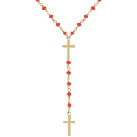 Collier chapelet composé d'une chaîne en plaqué or jaune 18 carats avec perles de couleur rouge et de deux pendentifs croix en plaqué or jaune 18 carats. Fermoir anneau ressort avec 4 cm de rallonge.