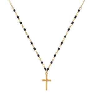 Collier composé d'une chaîne et d'un pendentif en forme de croix en plaqué or jaune 18 carats et de perles en émail de couleur noir. Fermoir anneau ressort avec 4 cm de rallonge.